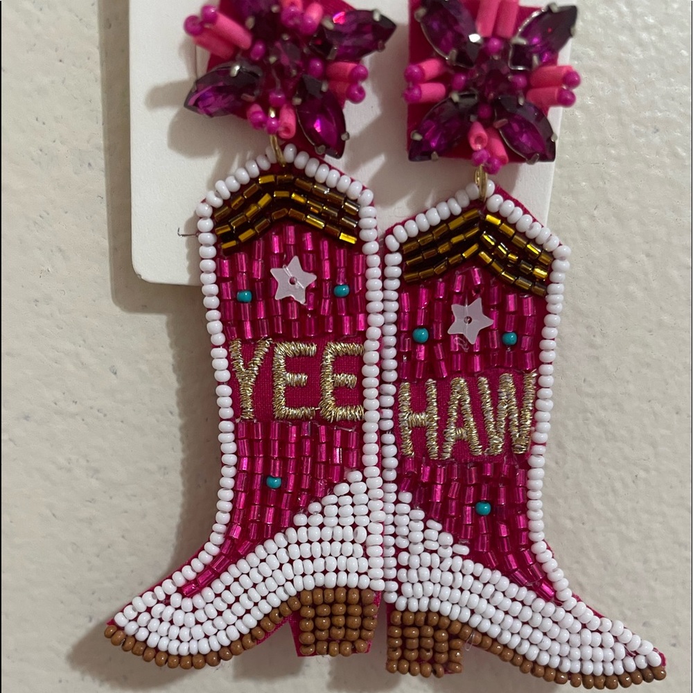 💕🎉RESTOCK!! Pink Beaded YEE HAW Boot Earrings